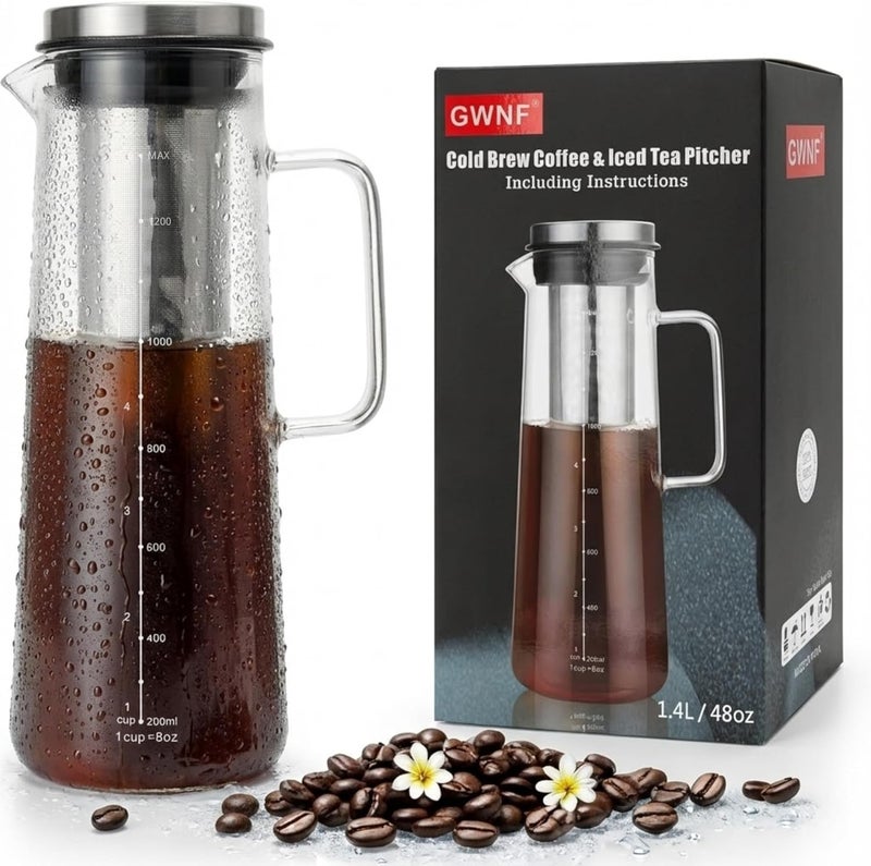GWNF Cold Brew Coffee Maker & Ice Tea Maker, 1.4L/48oz Cold Brew Pither, Borosilicate Glass Carafe with Stainless Steel Filter, Airtight Lid, Dishwasher Safe, Easy to Use | Mannual & Brush Included - Image 1